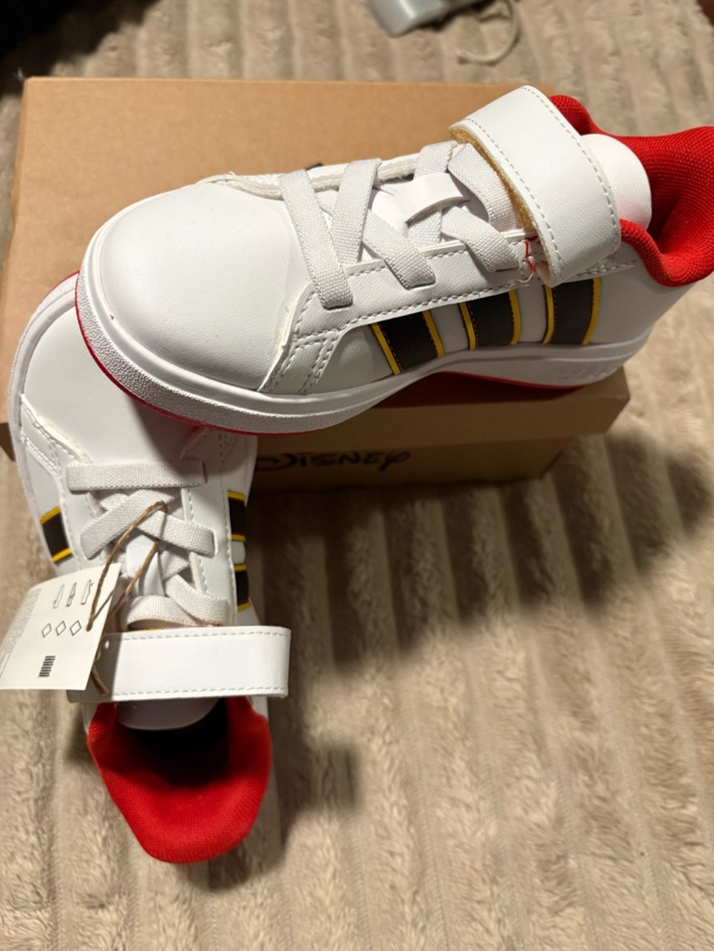 adidas Kids White Sneakers with Red Lining and Black/Yellow Stripes